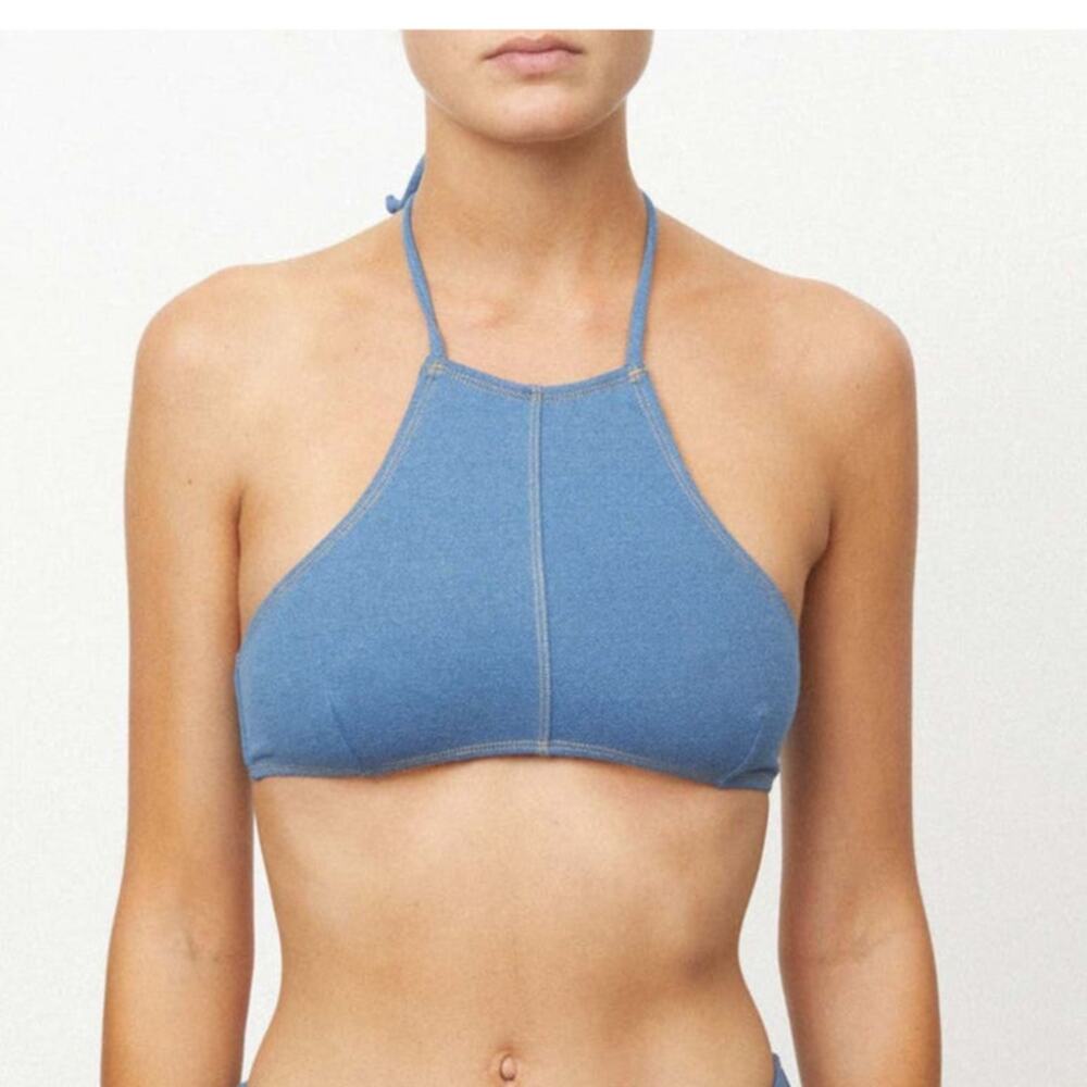 Its Now Cool The Halter High Neckline Cotton Blend Denim Bikini Top Size Small